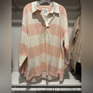 Aerie Pink and Cream Striped Women's Rugby Style Sweater
